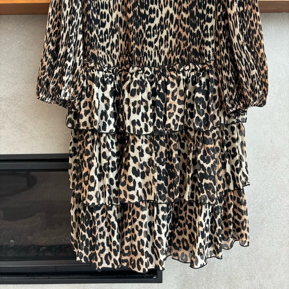 GANNI Pleated Leopard Print Georgette Mini Dress, Size M - Picture 8 of 16